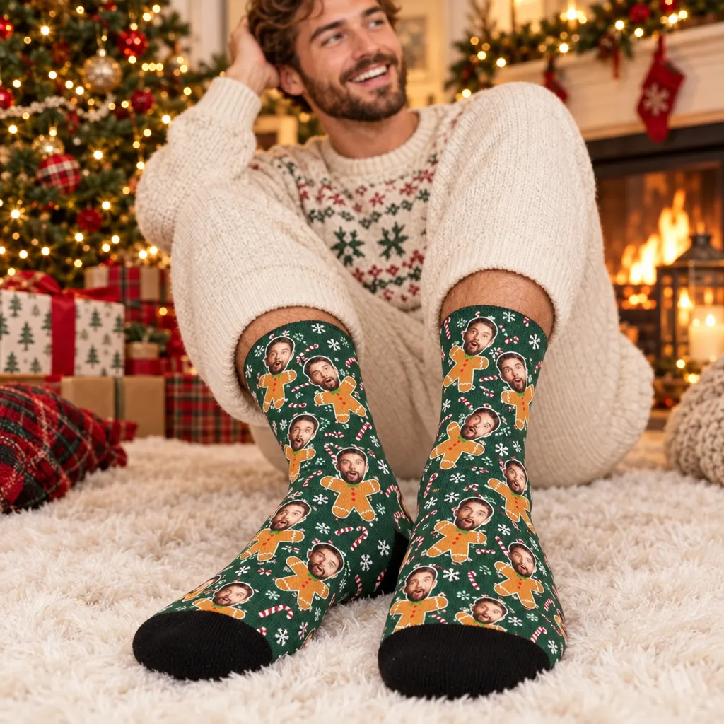 Custom Christmas Socks for Men and Women – Personalized Santa Face Socks Gift for Family, Friends & Holiday Parties