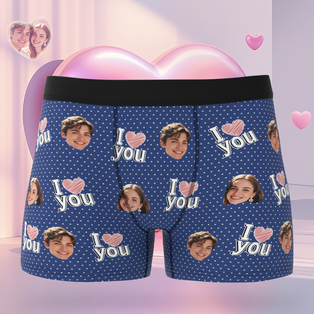 Personalized Face Men's Boxer Blue Underwear Gifts for Husband I Love You Heart Men Face Boxer - MyFaceSocks