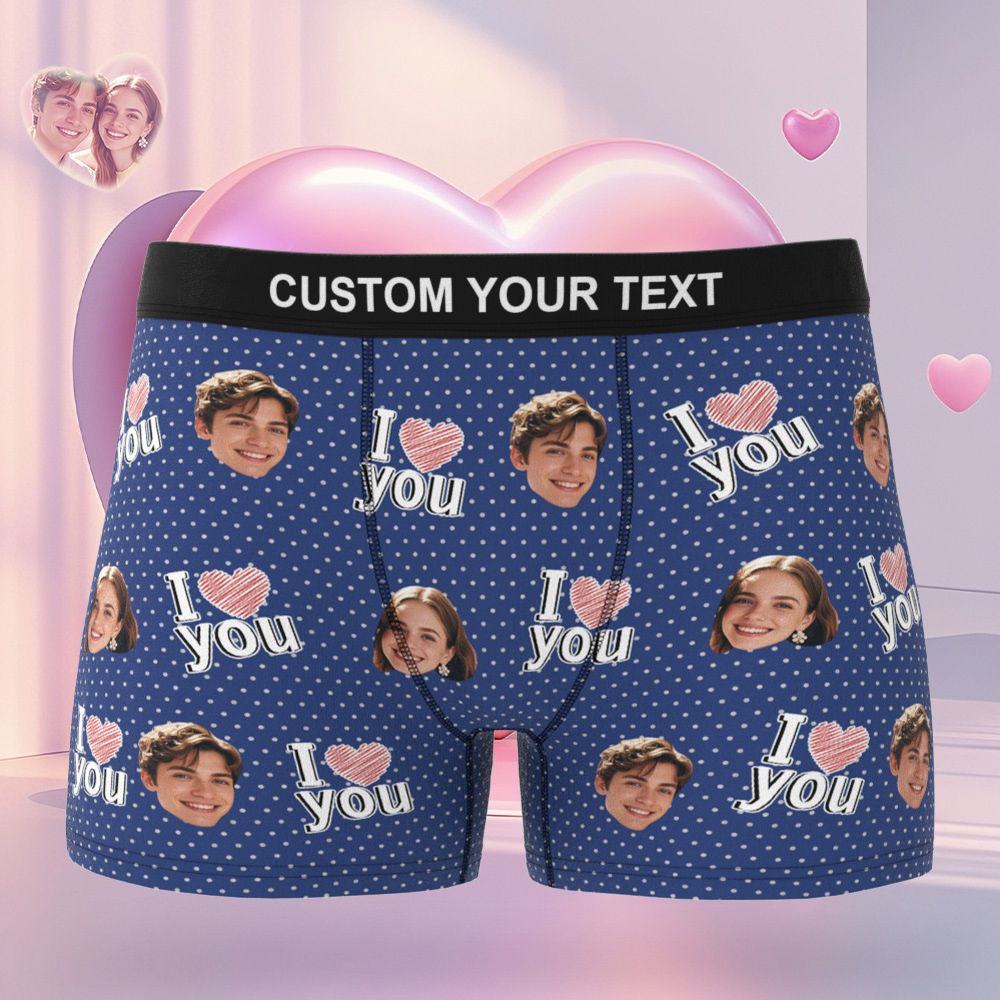 Personalized Face Men's Boxer Blue Underwear Gifts for Husband I Love You Heart Men Face Boxer - MyFaceSocks