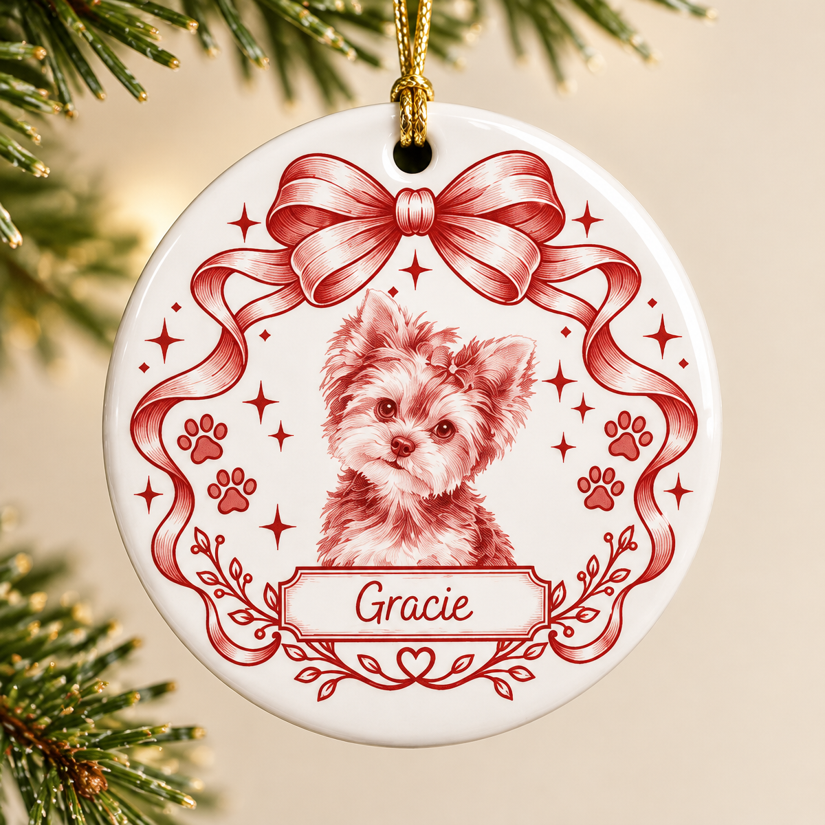 Custom Photo Dog Cat Watercolor Coquette Ceramic Ornament, Personalized Pet Holiday Keepsake