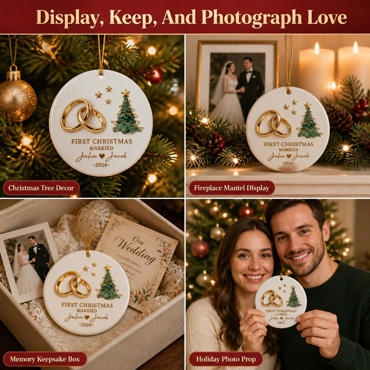 Personalized First Christmas Married Ornament for Newlyweds – Custom Name & Year Ceramic Tree Decoration Gift - MyFaceSocks