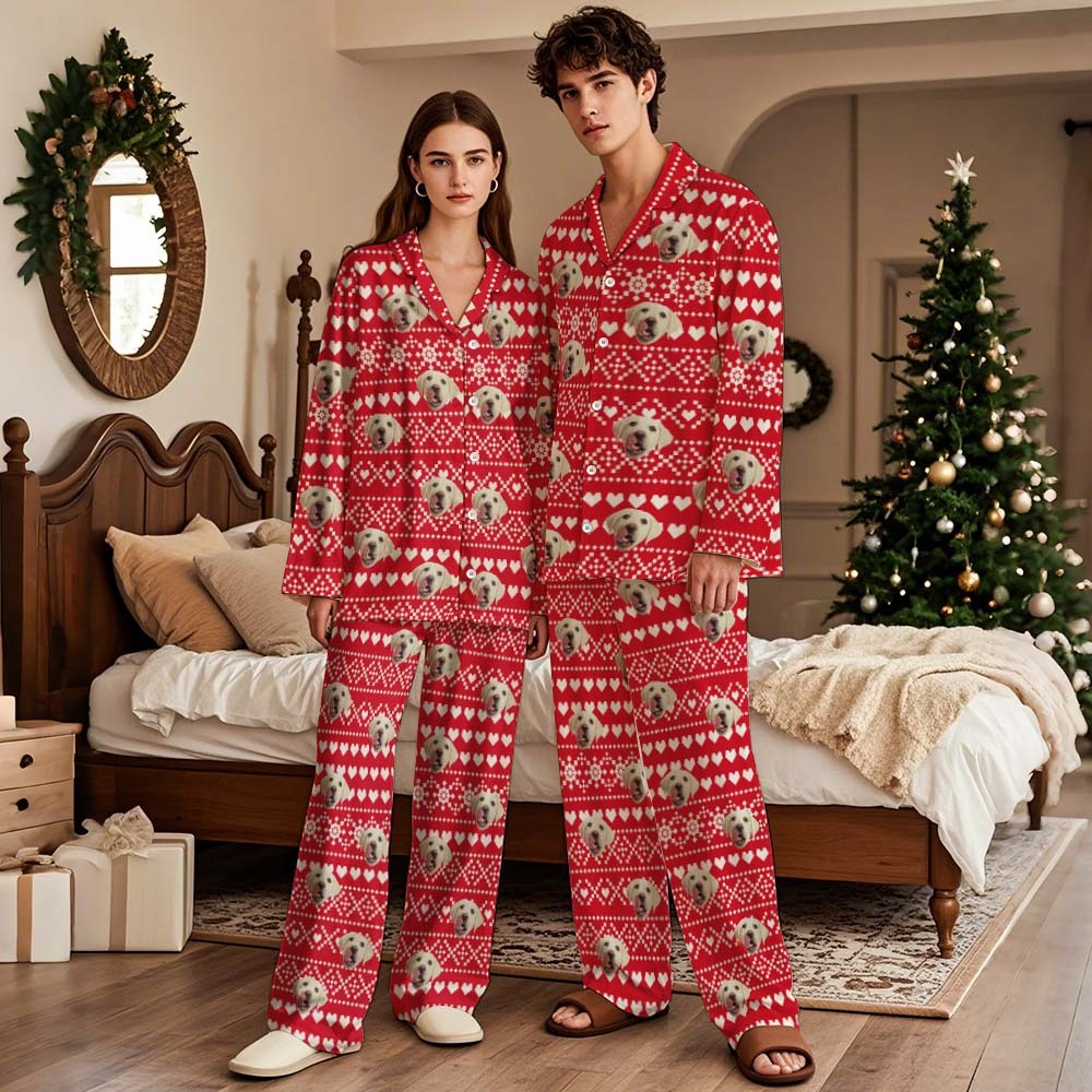 Custom Christmas Face Long Sleeve Pajamas Face Pajamas with Pet Face Personalized Photo Blue Snowflake Pajamas Gift - MyFaceSocks