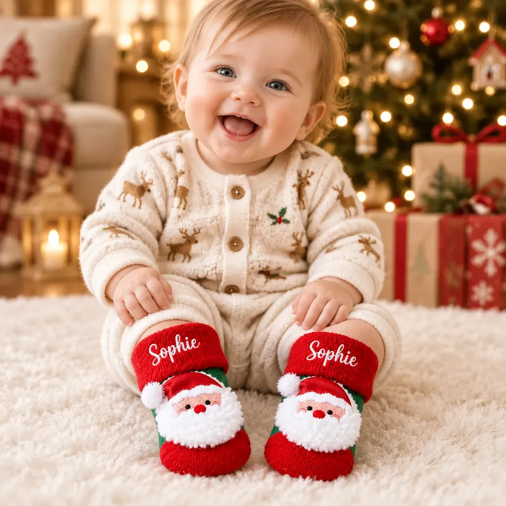 Personalized Baby Christmas Socks for First Holiday – Custom Name & '1st Christmas' Design, Soft Knit Gift for Newborns - MyFaceSocks