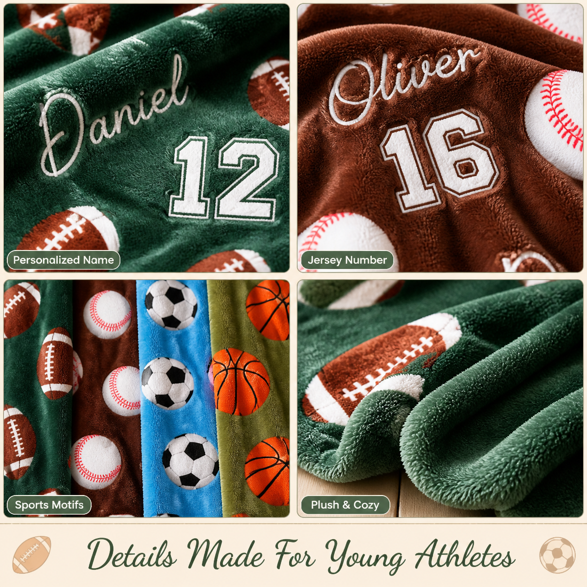 Personalized Sports Blanket for Kids – Birthday Gift with Name & Number, Football Baseball Soccer Basketball Design - MyFaceSocks