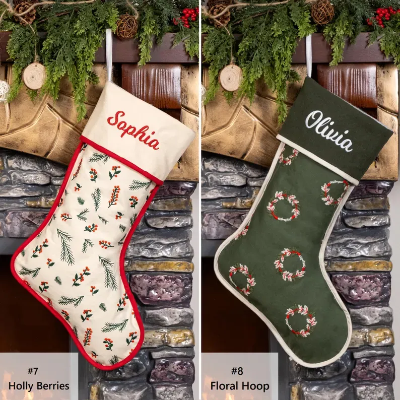 Personalized Christmas Stockings Embroidered Rustic Stocking With Hemmed Edges for Family Custom Name Vintage Stockings Farmhouse Xmas Decor