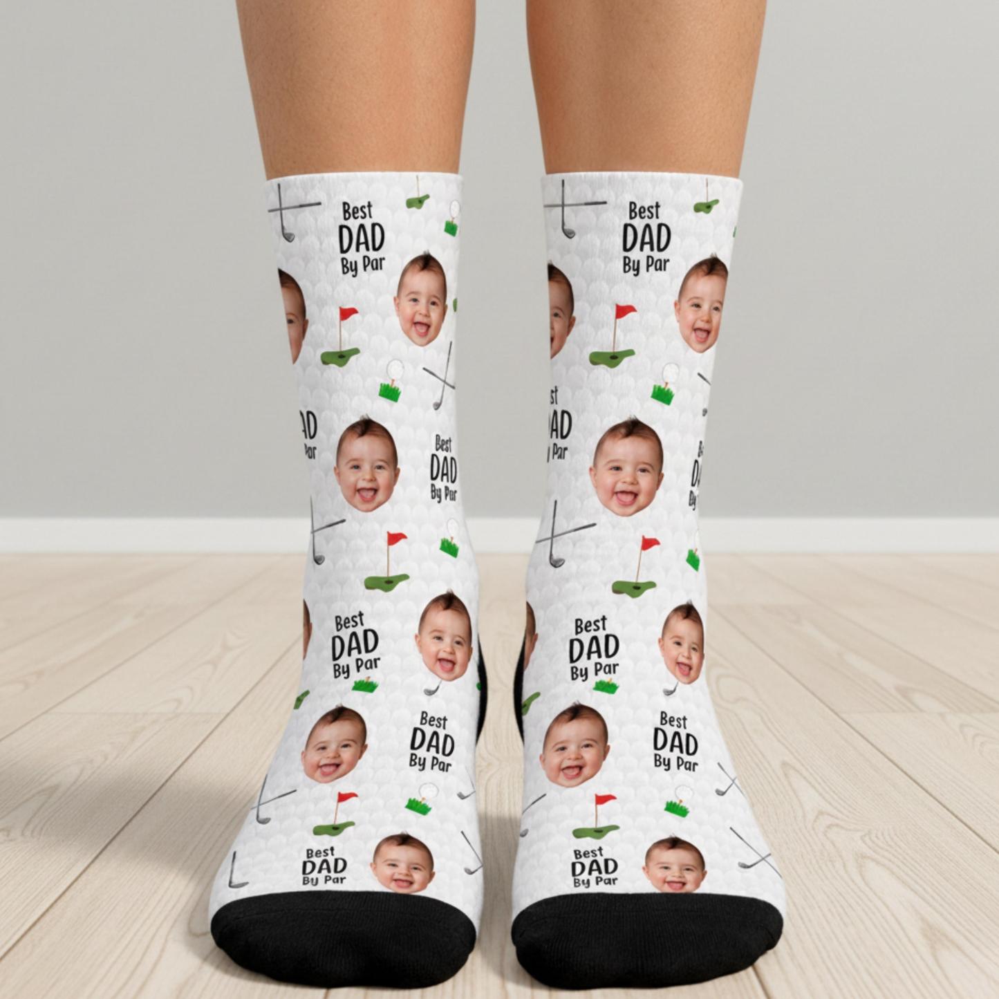 Personalized Golf Socks with Kids Photo, Best Dad By Par Golf Gift, Custom Father’s Day Socks for Dad Grandpa Husband Golfer, Pet Dad Socks