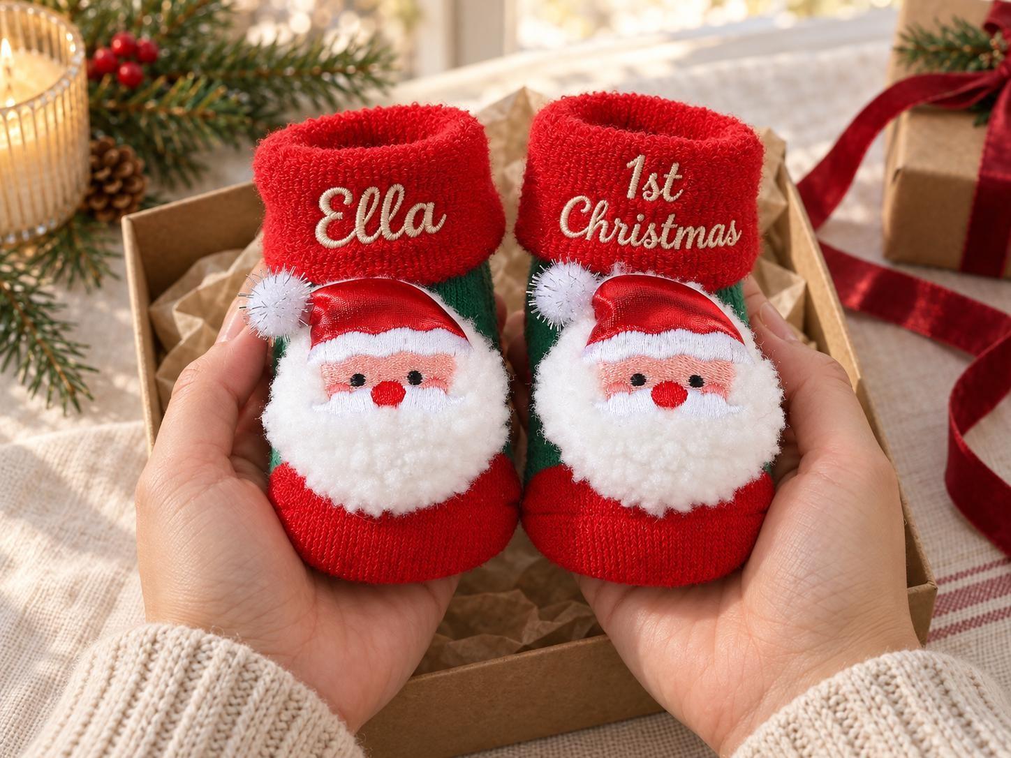 Personalized Baby Christmas Socks for First Holiday – Custom Name & '1st Christmas' Design, Soft Knit Gift for Newborns