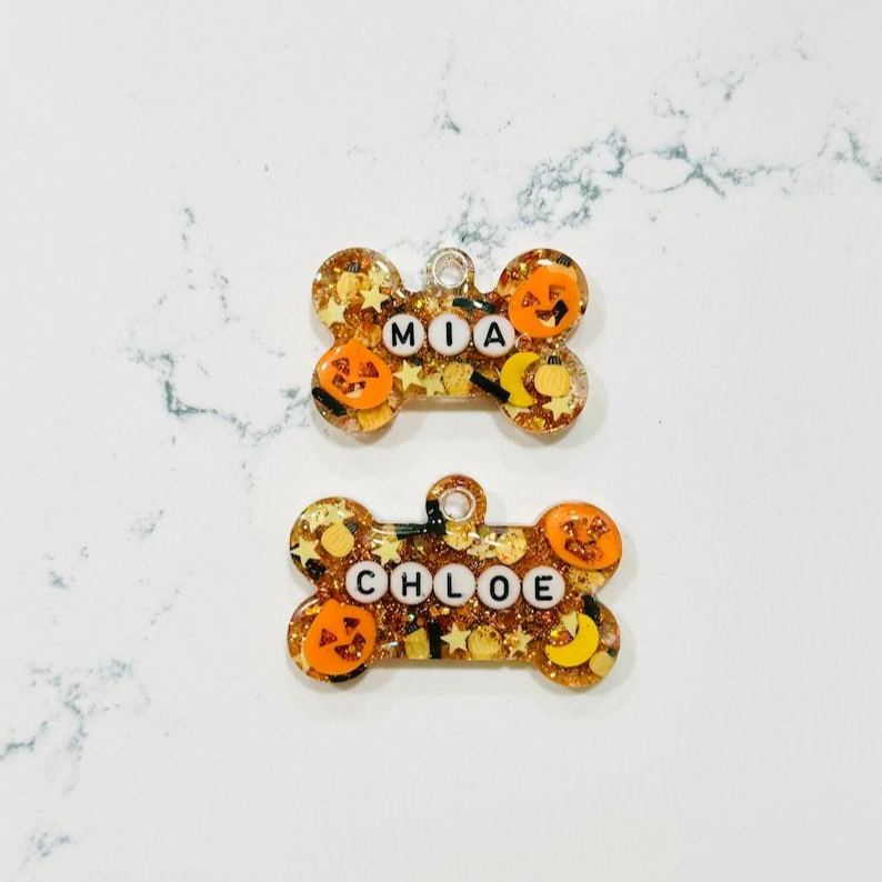 Personalized Halloween Themed Resin Dog, Cat, Pet ID Tags with Letter Beads, Custom Key Chains