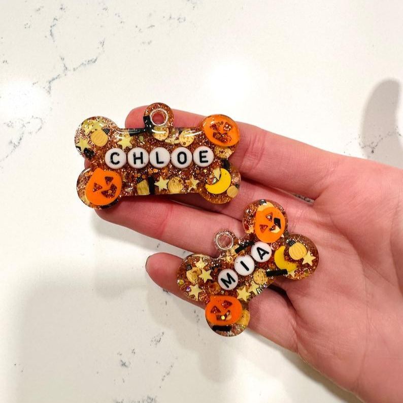 Personalized Halloween Themed Resin Dog, Cat, Pet ID Tags with Letter Beads, Custom Key Chains - MyFaceSocks