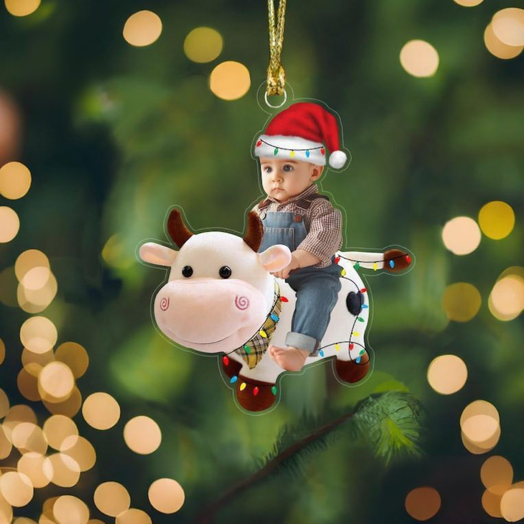 Personalized Name Cow With Kid Acrylic Ornaments, Custom Photo Cow Kid Acrylic Ornaments, Acrylic Holiday Gift Ornaments,Xmas Keepsake Gifts - MyFaceSocks