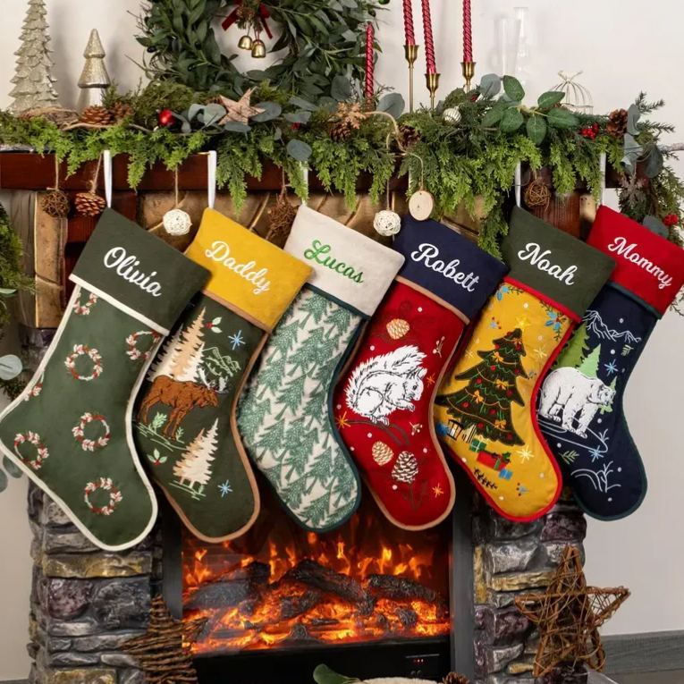 Personalized Christmas Stockings Embroidered Rustic Stocking With Hemmed Edges for Family Custom Name Vintage Stockings Farmhouse Xmas Decor