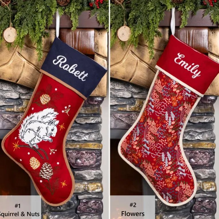 Personalized Christmas Stockings Embroidered Rustic Stocking With Hemmed Edges for Family Custom Name Vintage Stockings Farmhouse Xmas Decor