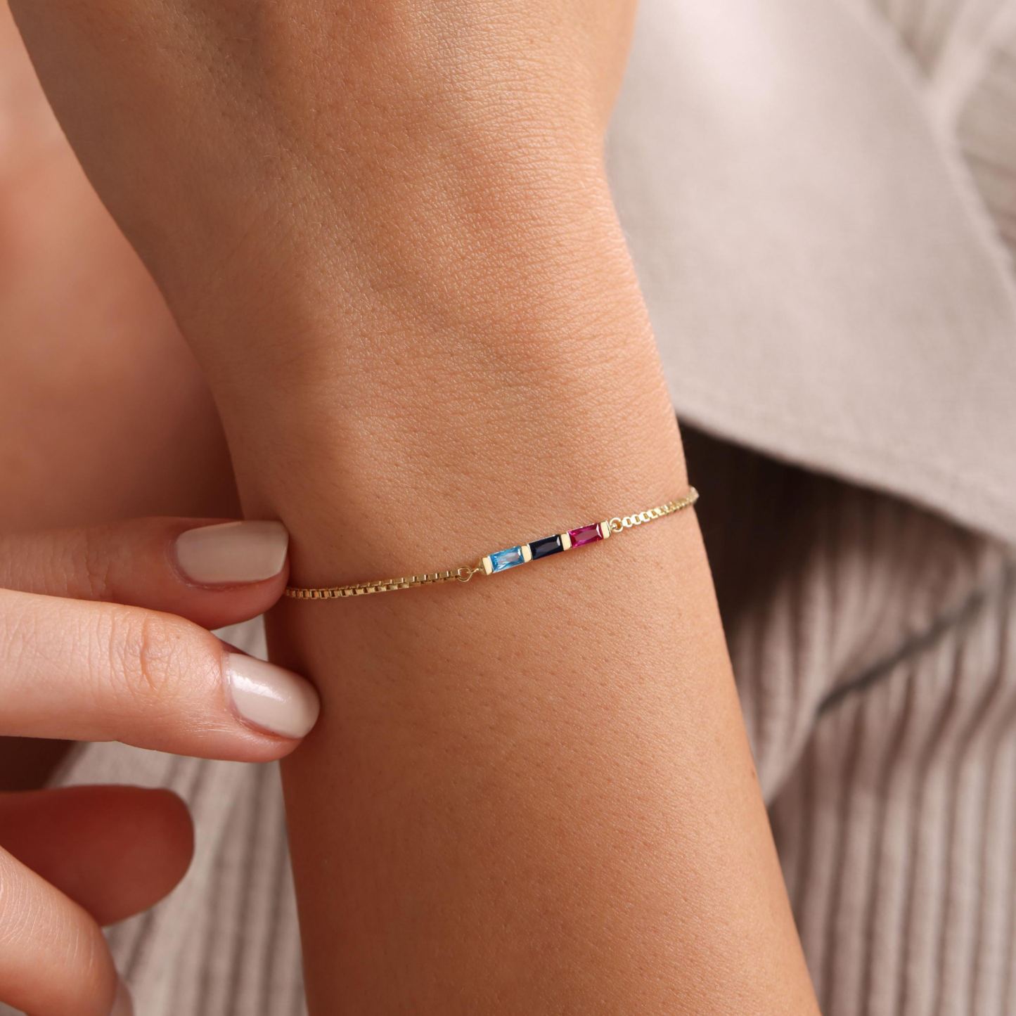 Gold Birthstone Bracelet, Baguette Birthstone Bracelet, Family Birthstone Necklace, Birthstone Bracelet for Women, Valentine Gift - MyFaceSocks