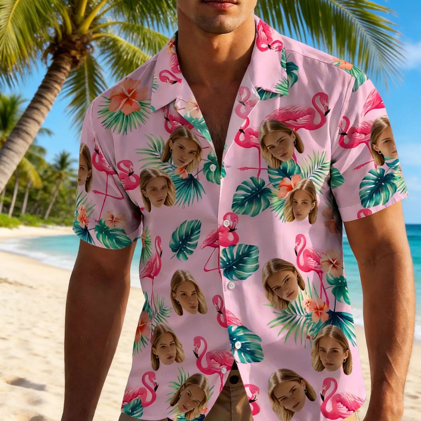 Custom Face Hawaiian Shirts With Face Colorful Flamingo Aloha Beach Shirt - Pink Valentine Gift