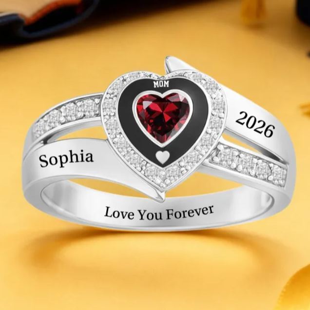 Custom Heart Birthstone Ring for Mom  Engraved Mothers Day Gift from Daughter or Son