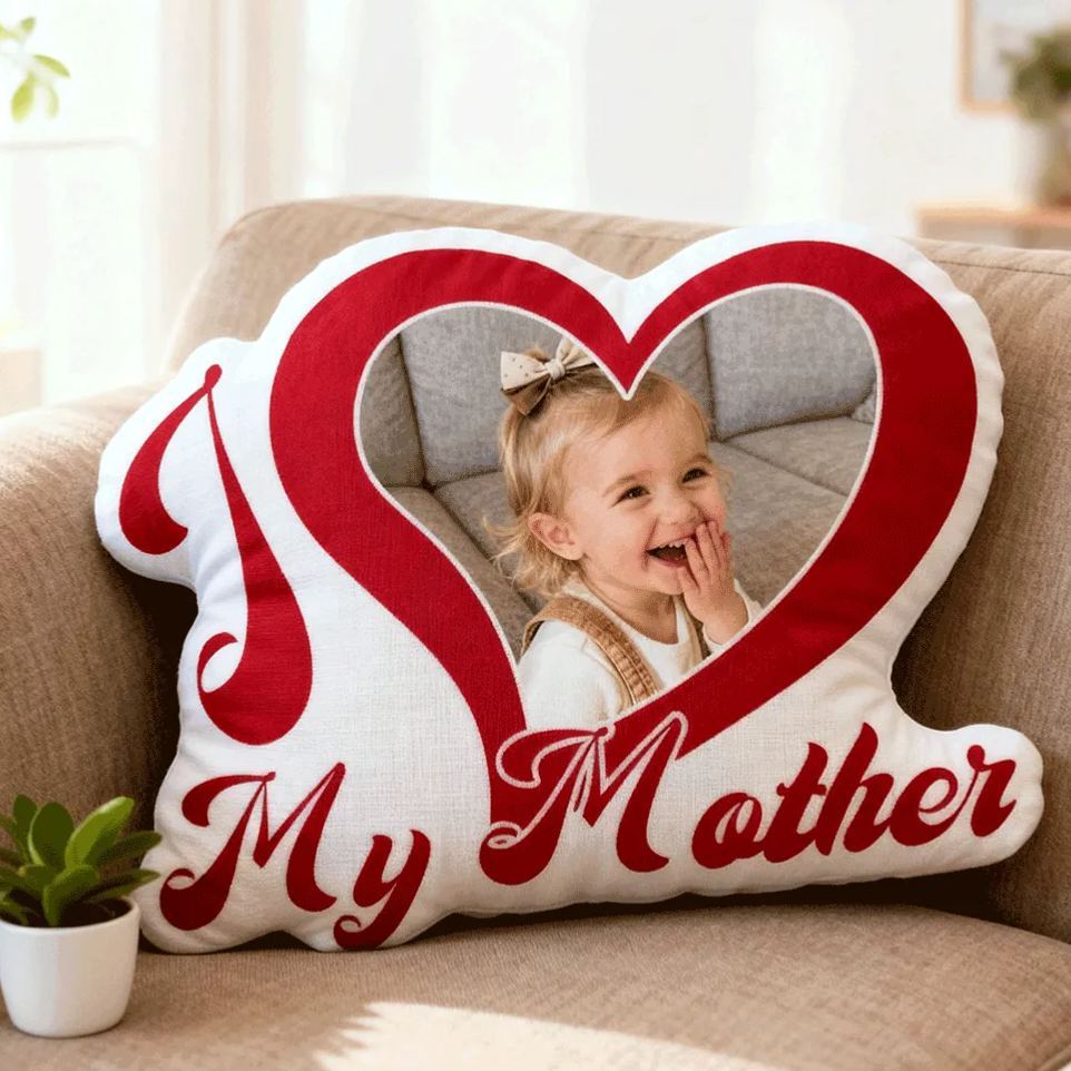 Custom Couple Photo Pillow – Red Heart-shaped Personalized Pillows For Mother’s Day Gift