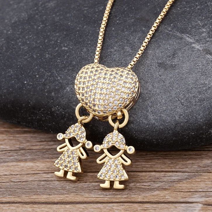 Personalized Zircon Heart Pendant Necklace with Boy & Girl Charm – Custom Family Jewelry Gift for Mom & Dad, Mother’s Day & Father’s Day Gift - MyFaceSocks