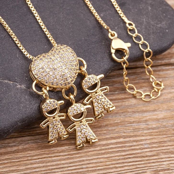 Personalized Zircon Heart Pendant Necklace with Boy & Girl Charm – Custom Family Jewelry Gift for Mom & Dad, Mother’s Day & Father’s Day Gift - MyFaceSocks