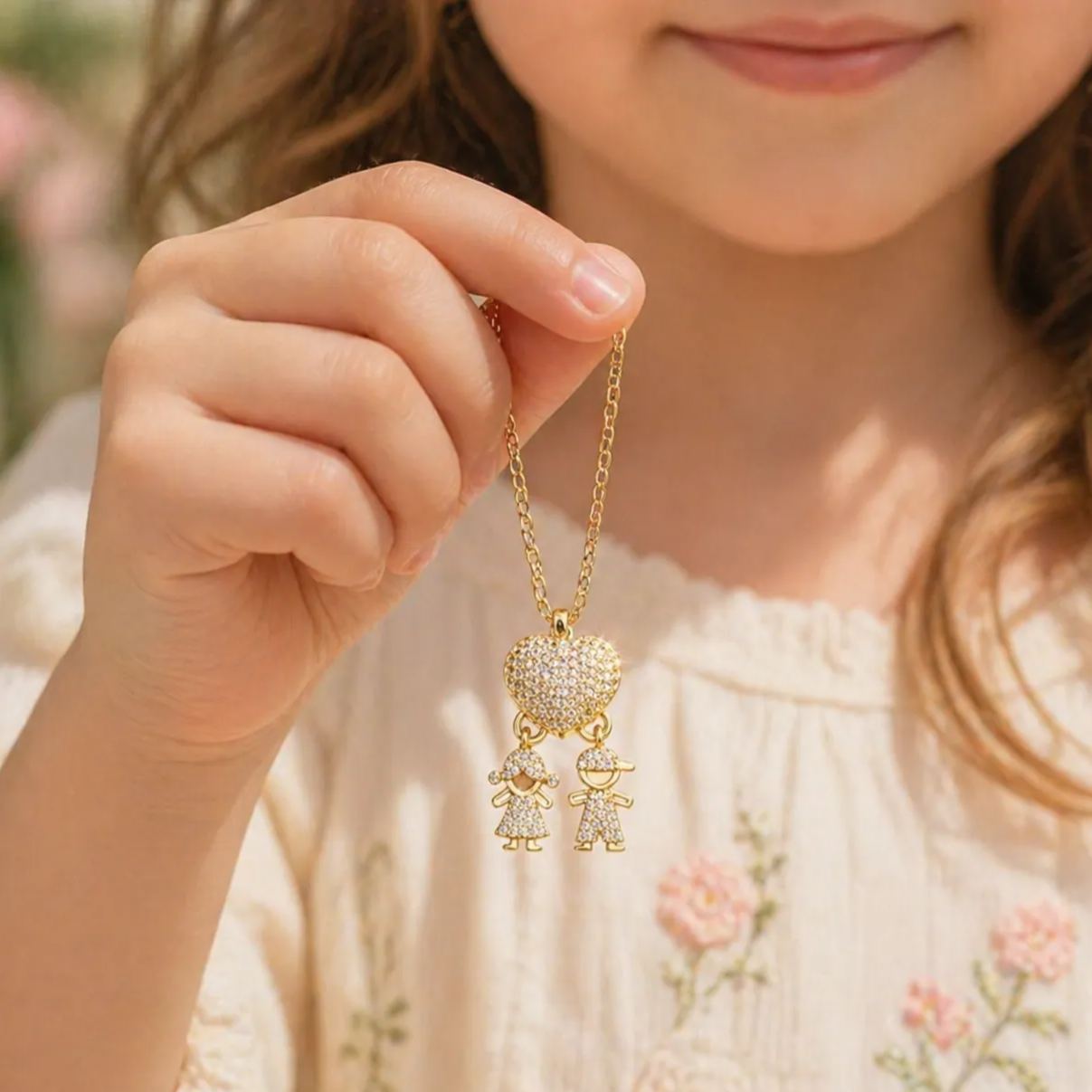 Personalized Zircon Heart Pendant Necklace with Boy & Girl Charm – Custom Family Jewelry Gift for Mom & Dad, Mother’s Day & Father’s Day Gift - MyFaceSocks