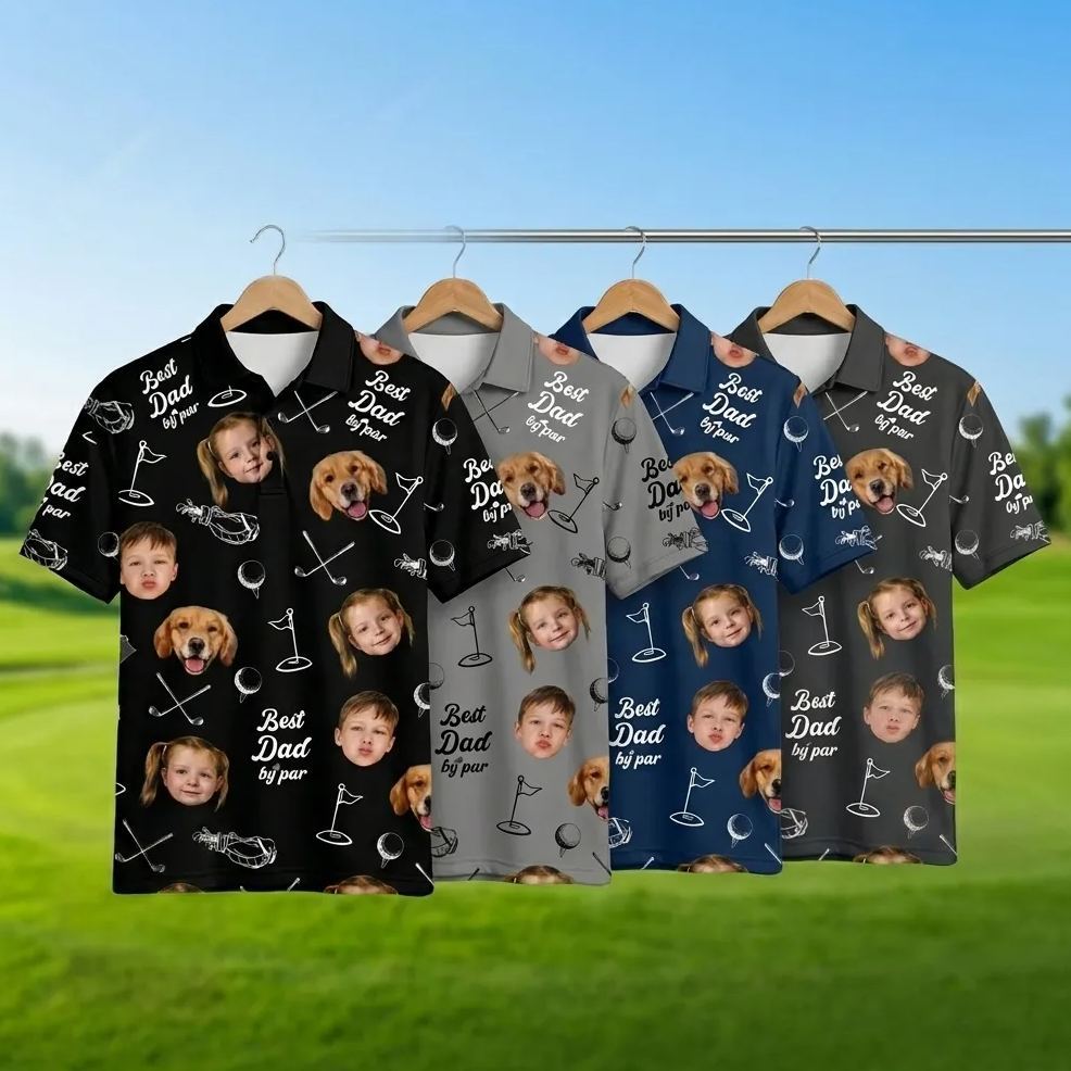 Dad By Par Custom Face Golfer; Short Sleeve Golf Shirt Gift For Husband, Father