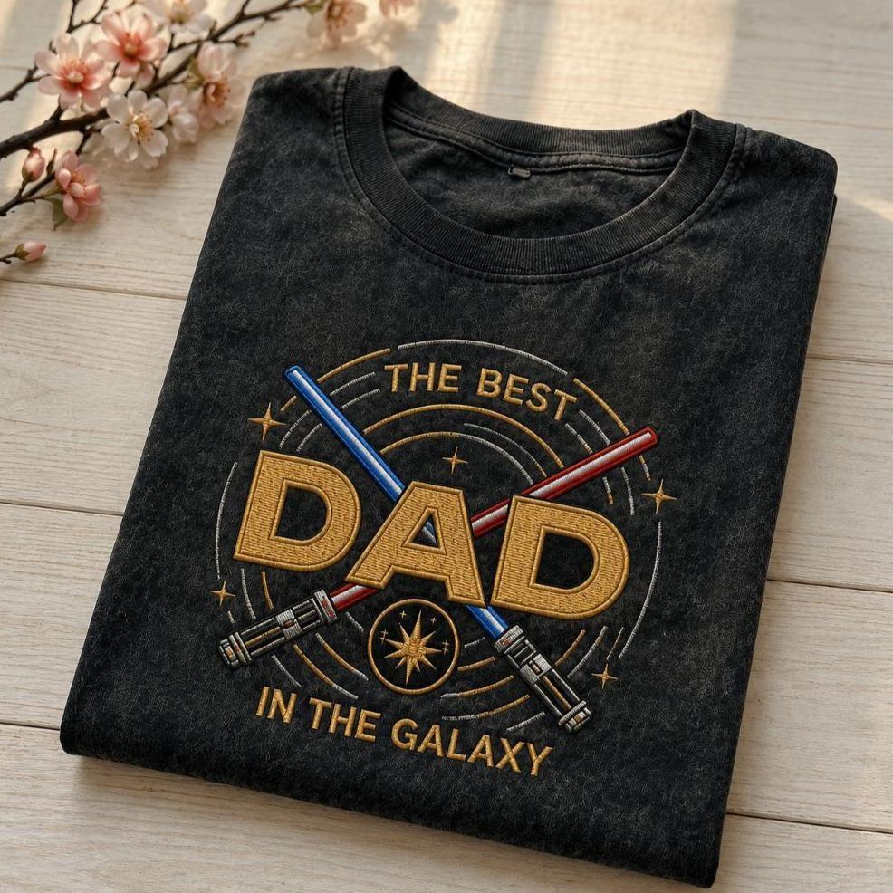 Embroidered Galaxy Dad Washed Tee – Best Dad in the Galaxy Shirt, Father’s Day Gift, Space Magic Crewneck, Galaxy Trip Apparel