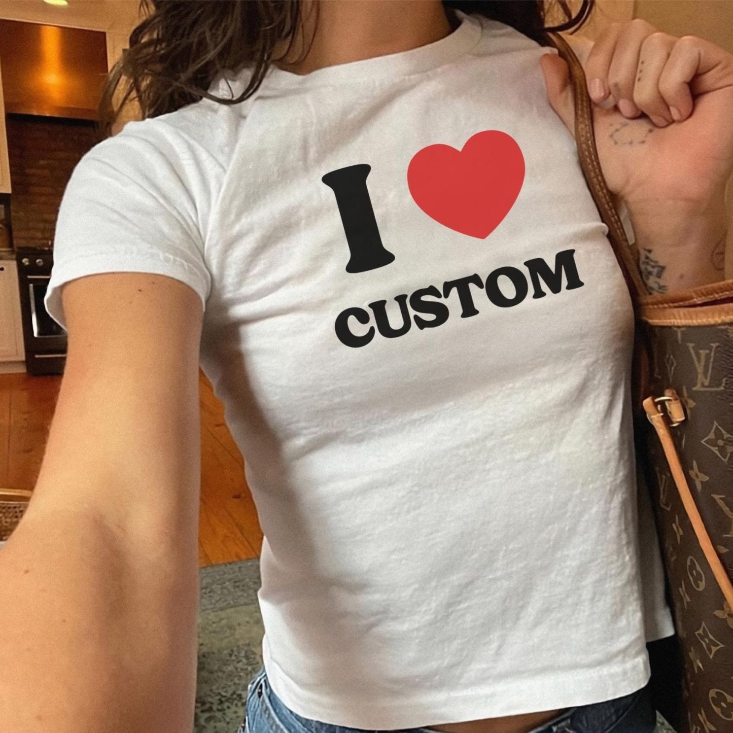 I Love Custom Baby Tee, I Heart Custom Shirt, Personalized Text Baby Tee, Personalized Y2K T-Shirt, Custom 90s T Shirt, Trendy Y2K Clothing - MyFaceSocks