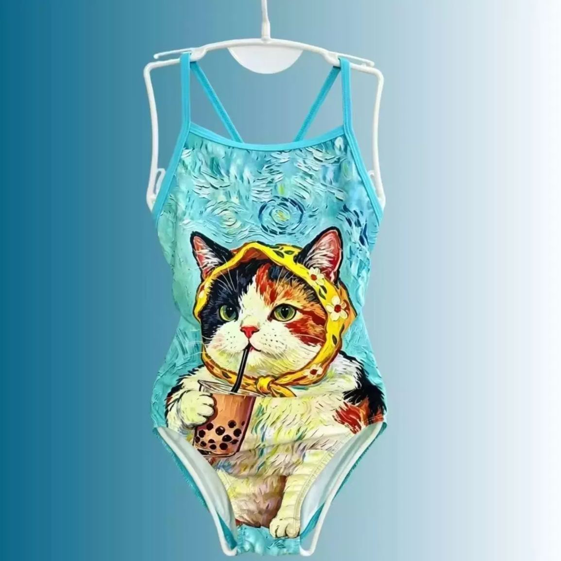 Cute Cat Print One-Piece Swimsuit for Women – Fresh Summer Nylon Monokini, Beach & Pool Swimwear