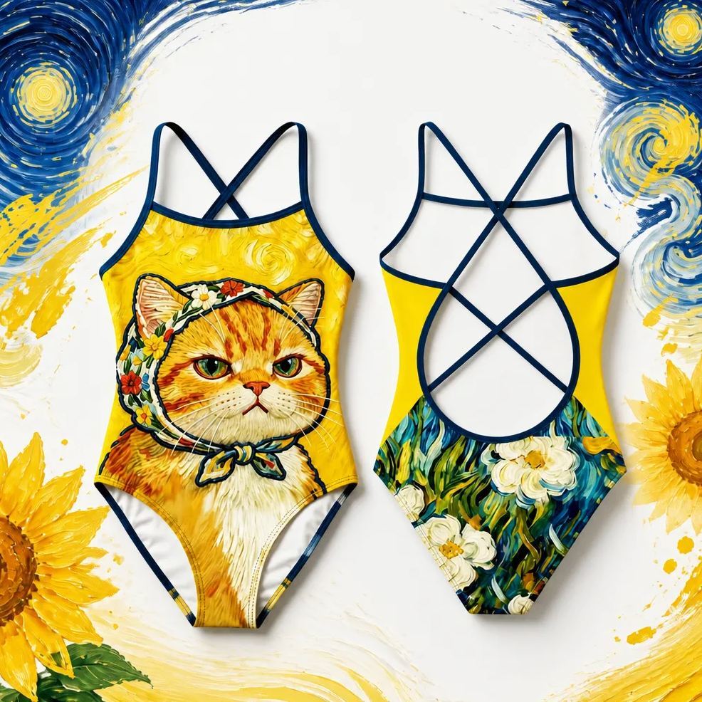 Cute Cat Print One-Piece Swimsuit for Women – Fresh Summer Nylon Monokini, Beach & Pool Swimwear