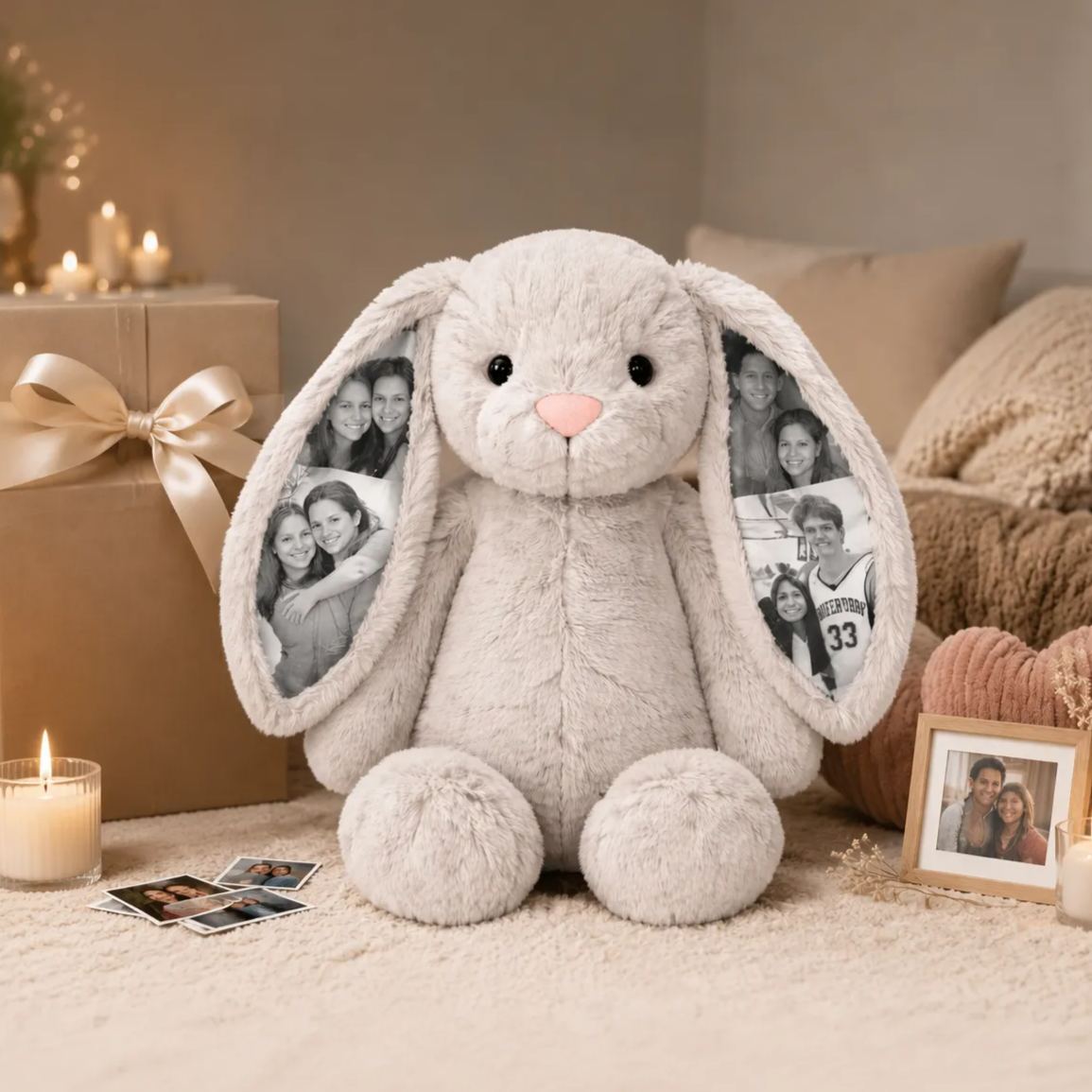 Custom Photo Bunny Plush – Personalized Hidden Ear Picture Bunny Valentine's Day Gift for Couples