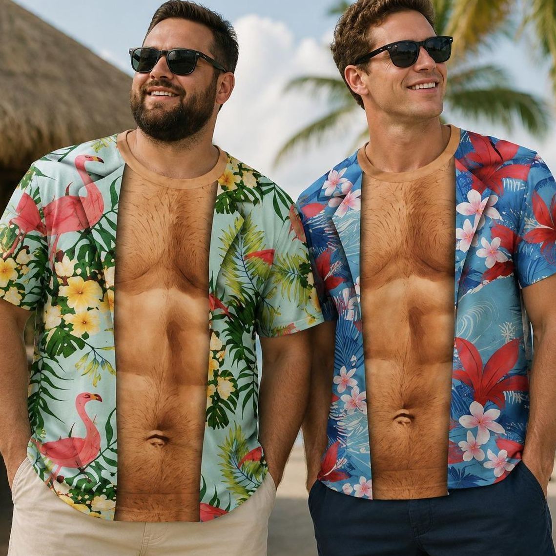 Funny Hairy Chest 3D Print T-Shirt, Tropical Hawaiian Shirt Illusion Tee, Mens Beach Vacation Shirt, Gag Gift for Him, Summer Party Tee - MyFaceSocks
