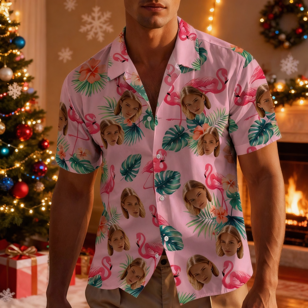 Custom Face Hawaiian Shirts With Face Colorful Flamingo Aloha Beach Shirt - Pink Christmas Gift