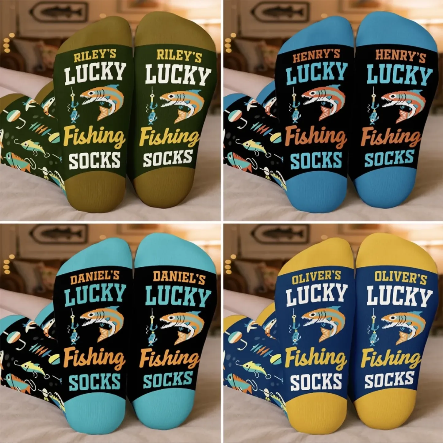 Personalized Fishing Socks for Men - Lucky Angler Gift for Christmas Birthday - MyFaceSocks