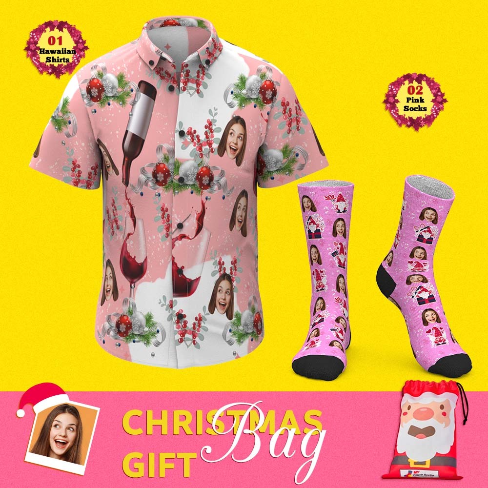 Christmas Gift Bags Custom Face Hawaiian Shirts And Socks Set For Him Pink Christmas - MyFaceSocks
