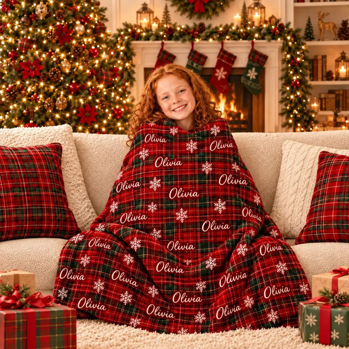 Personalized Christmas Blanket for Kids – Soft Fleece Throw with Snowflake & Candy Cane Pattern, Perfect Holiday Gift - MyFaceSocks