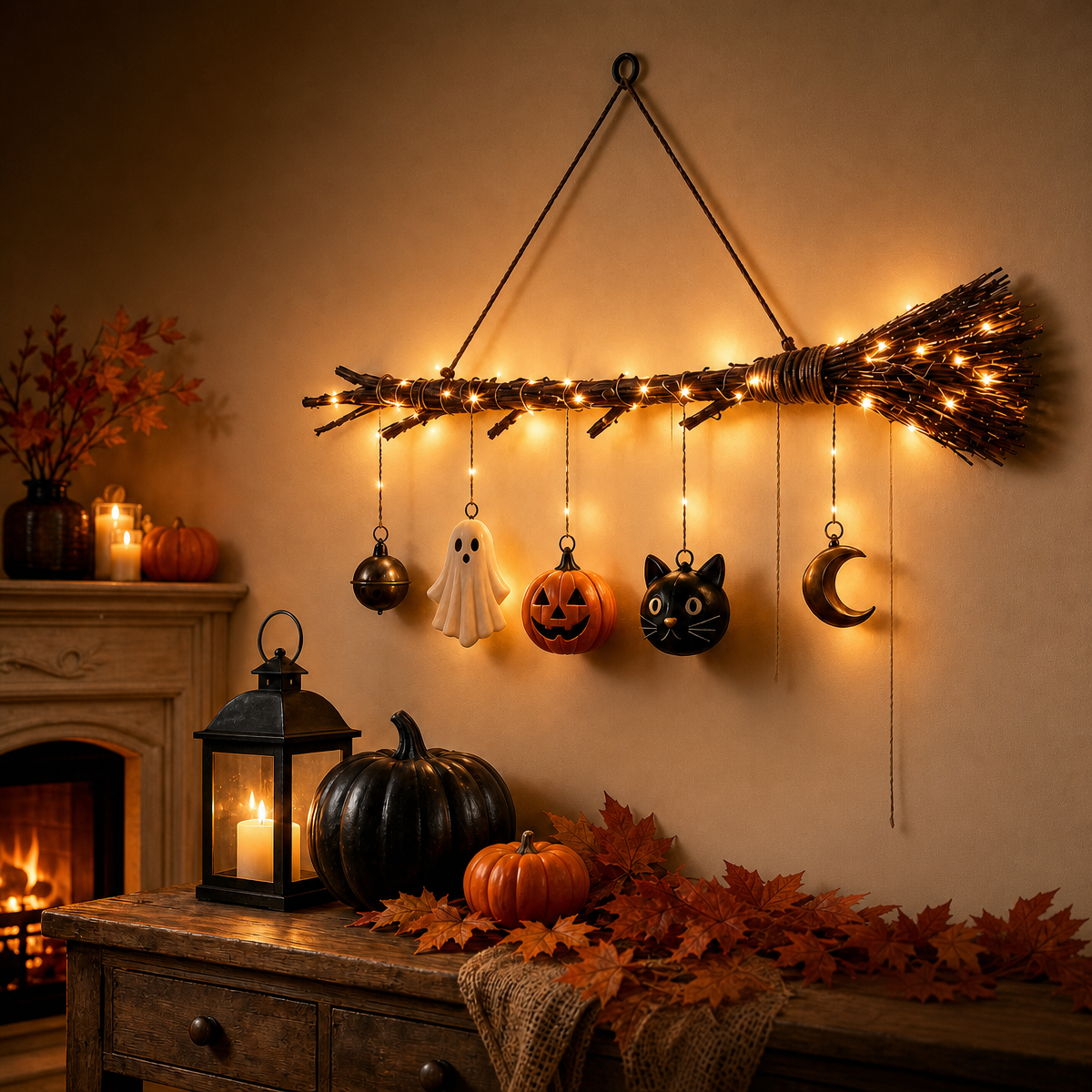 Halloween Witch Broom with LED Lights – Festive Hanging Decoration for Home, Party & Gift - MyFaceSocks