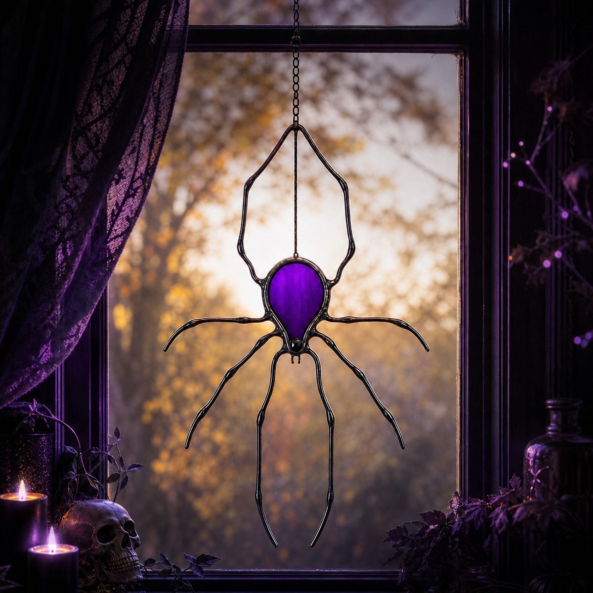 Purple Spider Stained Glass Suncatcher – Handmade Halloween Window Decor, Spooky Gift for Adults & Teens - MyFaceSocks