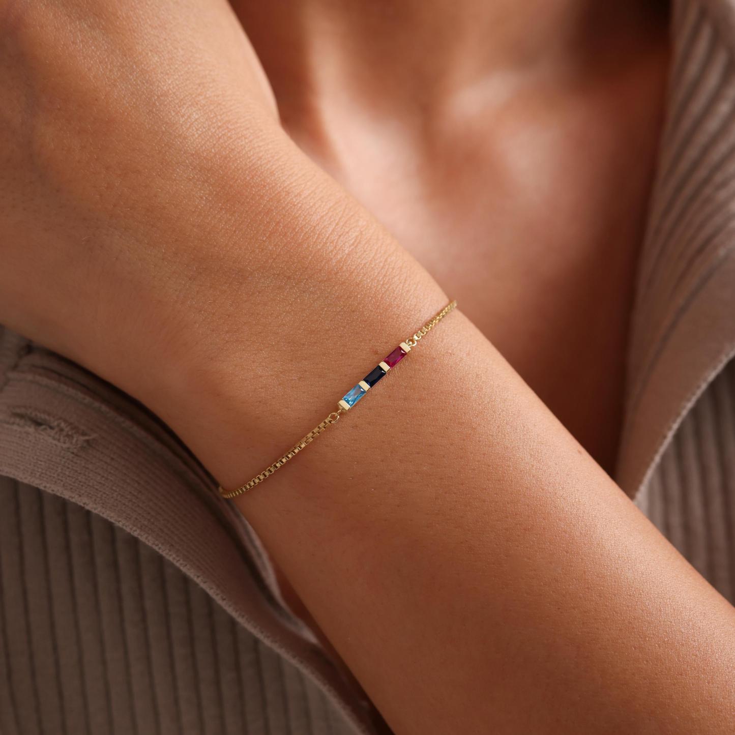 Gold Birthstone Bracelet, Baguette Birthstone Bracelet, Family Birthstone Necklace, Birthstone Bracelet for Women, Valentine Gift - MyFaceSocks