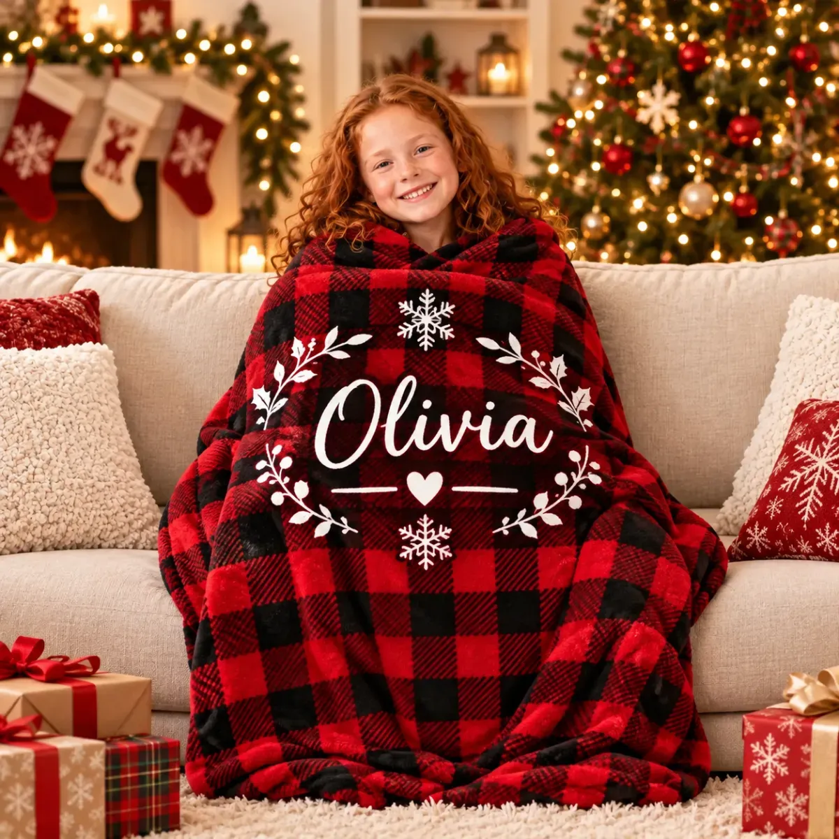 Personalized Christmas Blanket for Kids – Soft Fleece Throw with Snowflake & Candy Cane Pattern, Perfect Holiday Gift - MyFaceSocks