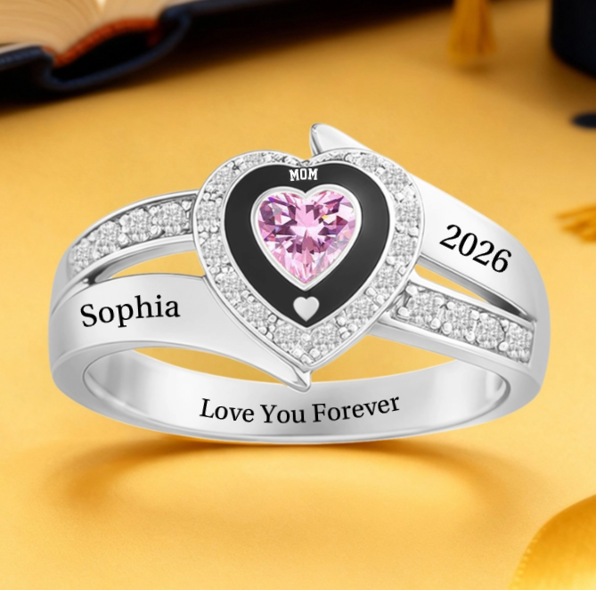 Custom Heart Birthstone Ring for Mom  Engraved Mothers Day Gift from Daughter or Son