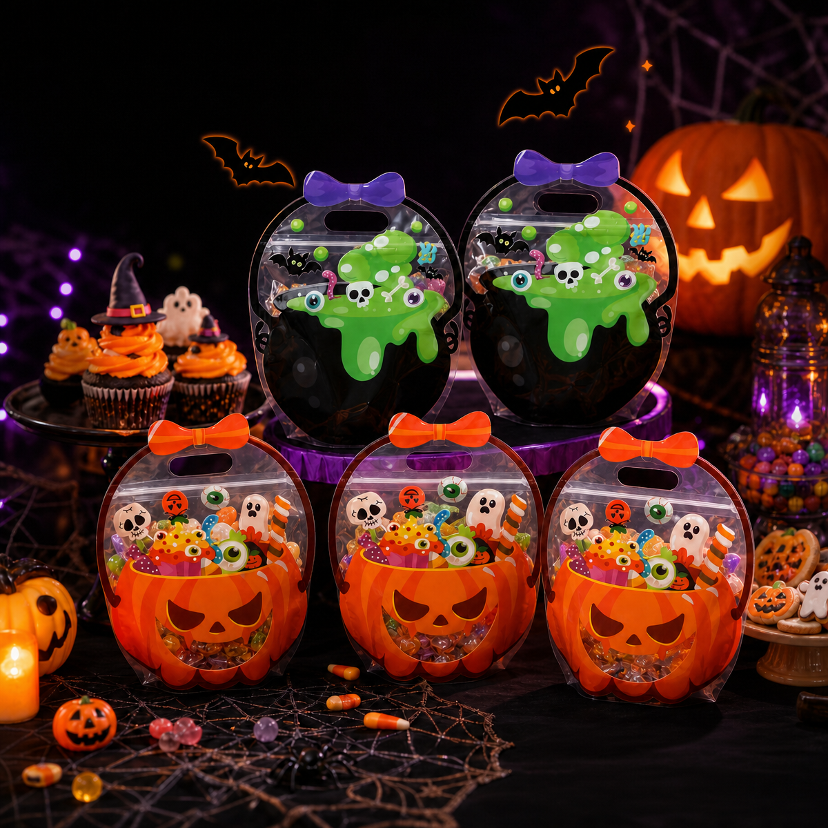 Halloween Pumpkin Treat Bags with Handle Spooky Candy Holders for Trick or Treating, Party Favors & Gift Giving