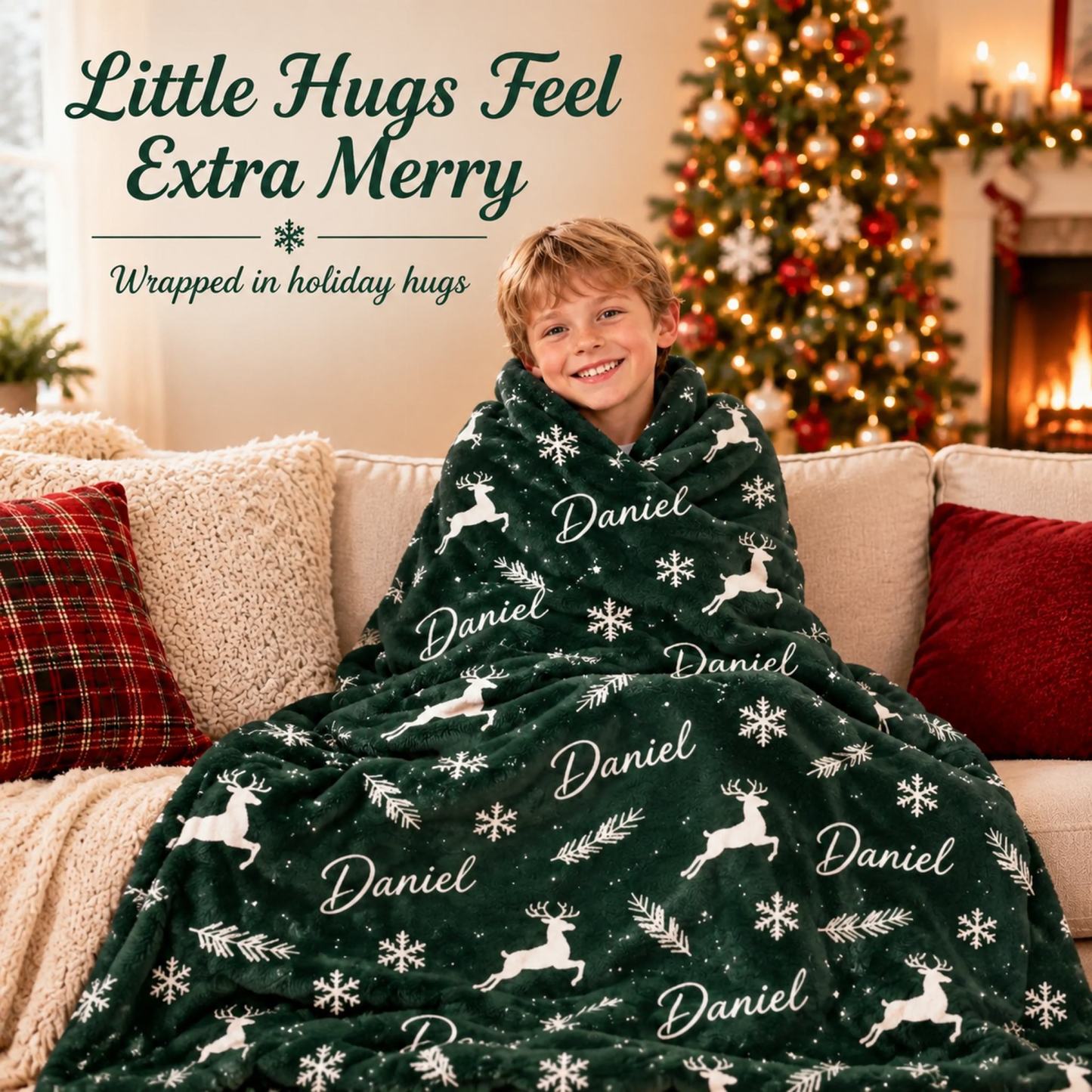 Personalized Christmas Blanket for Kids – Soft Fleece Throw with Reindeer & Snowflake Design, Custom Name Gift for Holiday - MyFaceSocks