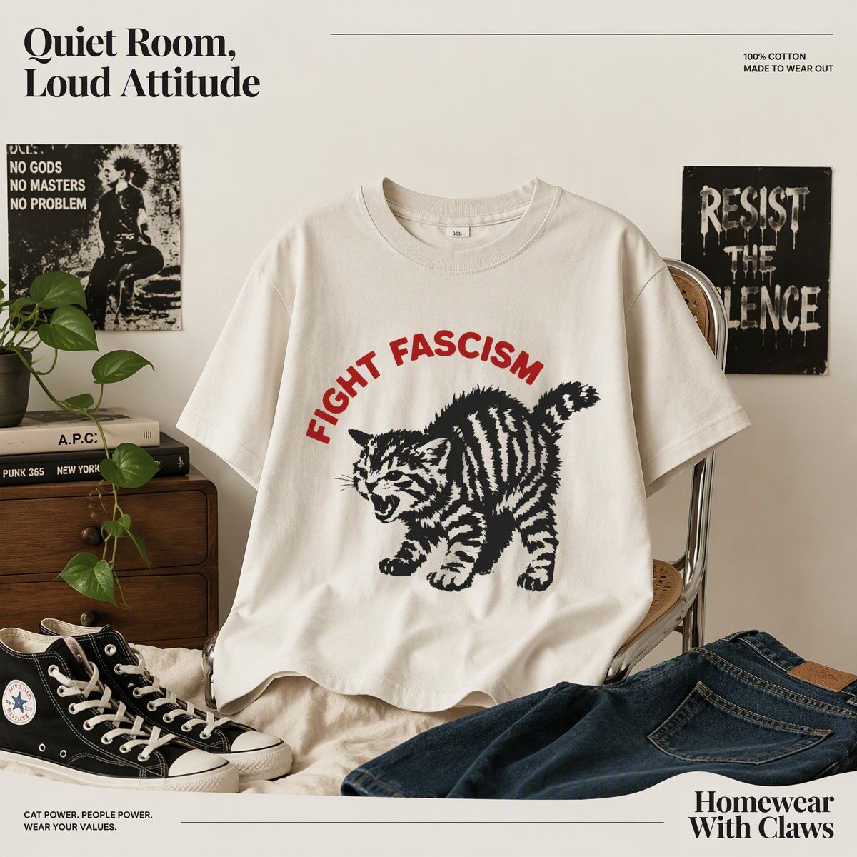 Fight Fascism Tabby Cat T-Shirt – Bold Statement Tee for Activists & Gift Givers This Holiday - MyFaceSocks