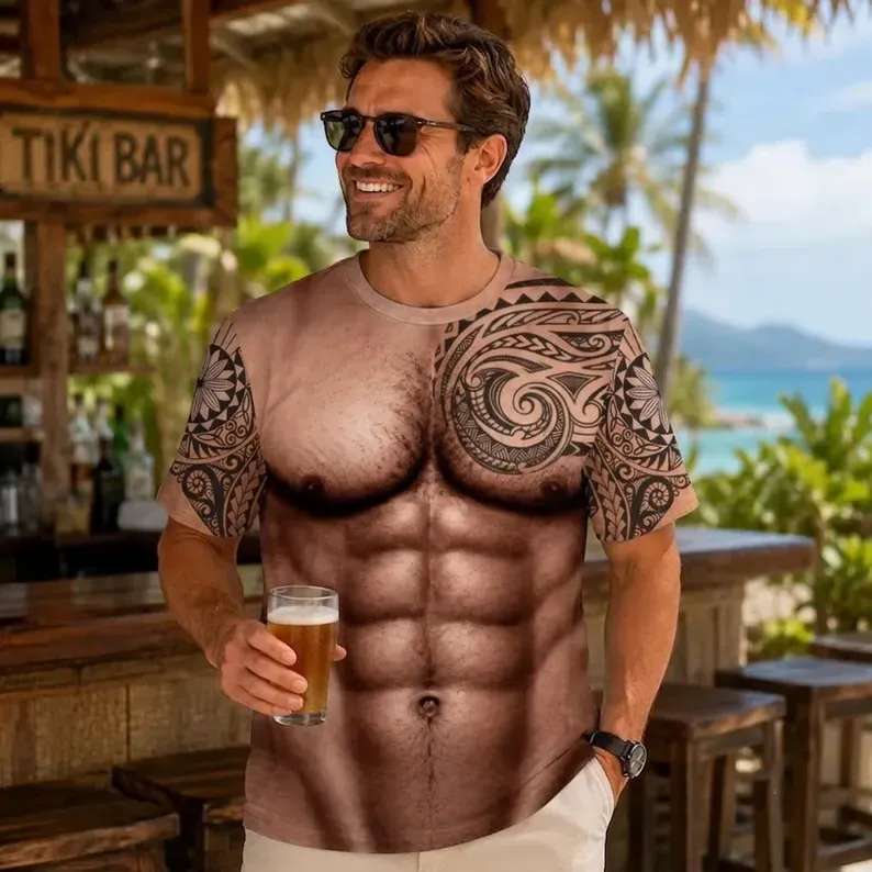 3D Hairy Body Tattoo Graphic T-Shirt, Funny Hairy Body Shirt, Muscular Chest Illusion Shirt, Summer Vacation Travel Gifts for Husband - MyFaceSocks