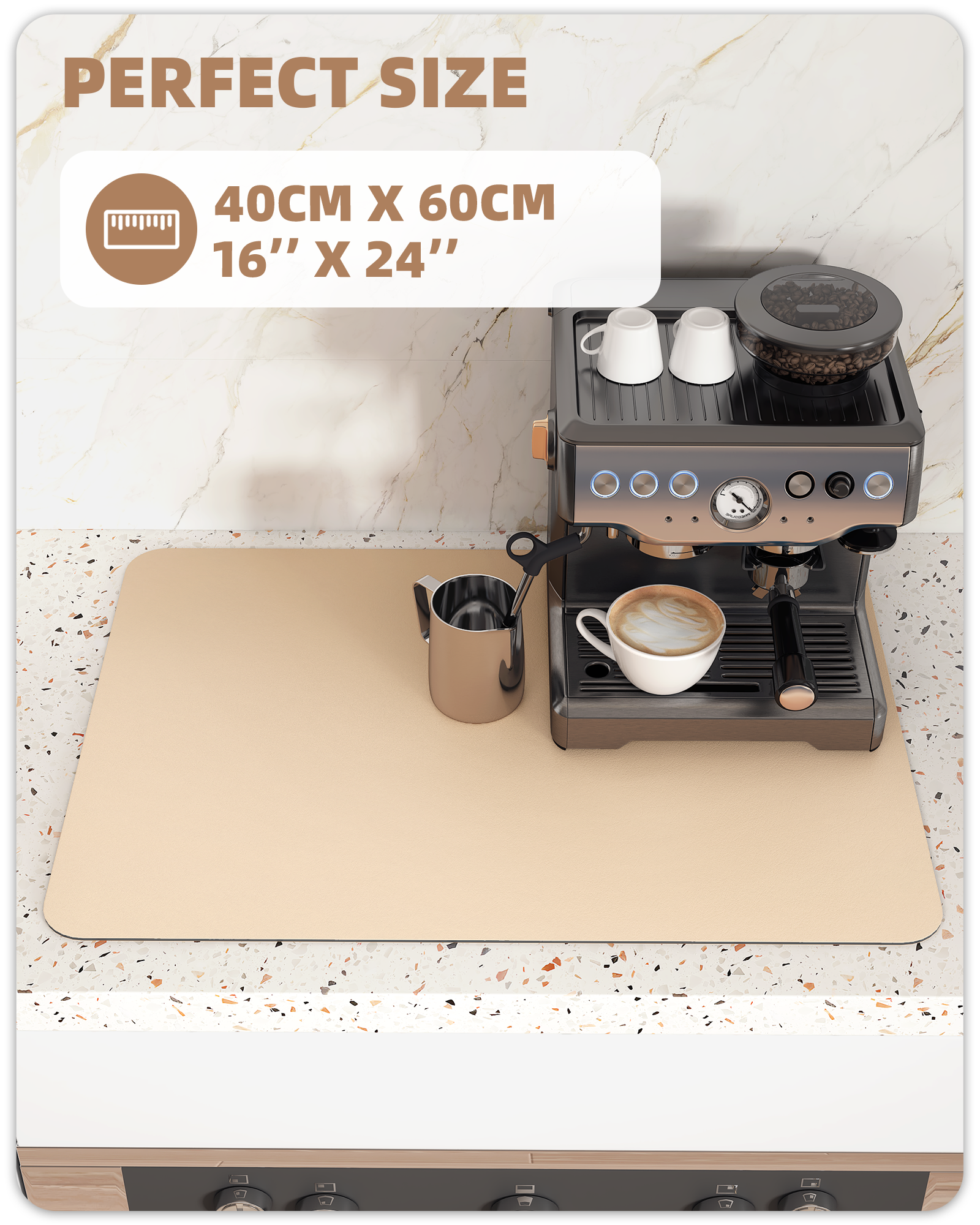 PABUBE Dish Drying Mats for Kitchen, Coffee Mat Super Absorbent Easy clean Dish Mat, Coffee Bar Accessories Fit Under Coffee Maker, 12"X19" Khaki