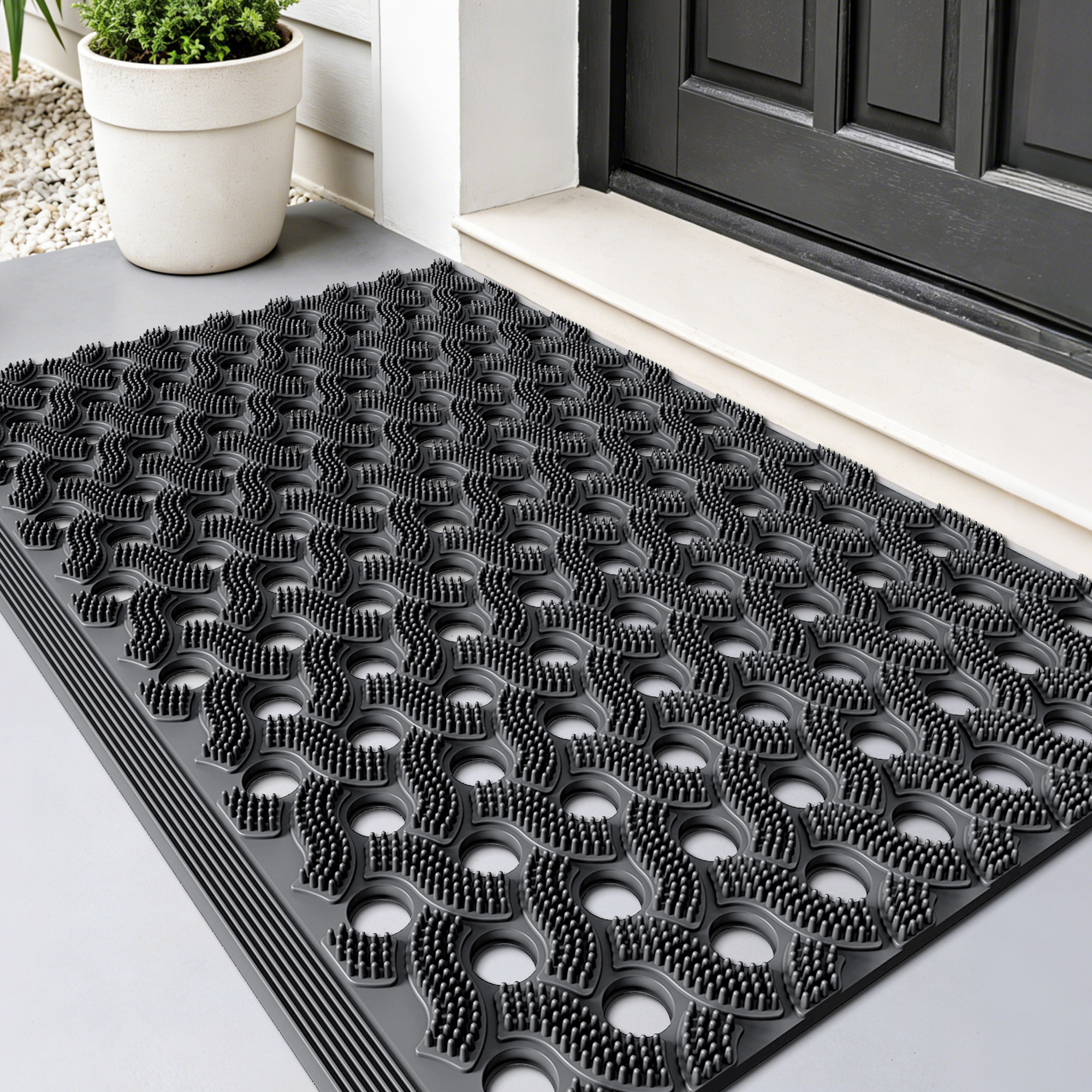 PABUBE Outdoor Doormat ,Durable Interlocking Welcome Mat, Dirt Trapper Rubber Mat and Non-Slip Low Pile Doormat for Entry Rug,Black