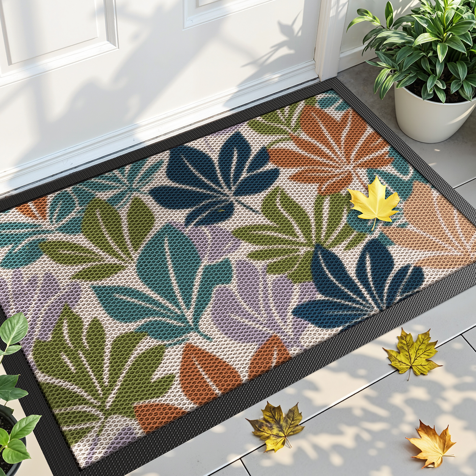 PABUBE Outdoor Doormat, Heavy Duty Non-Slip Spring Welcome Mat, Low Pile & Dirt Trapper Front Door Mat Outside, Colorful Floral Patio Outdoor Mat for Front Doors, 17" x 30"