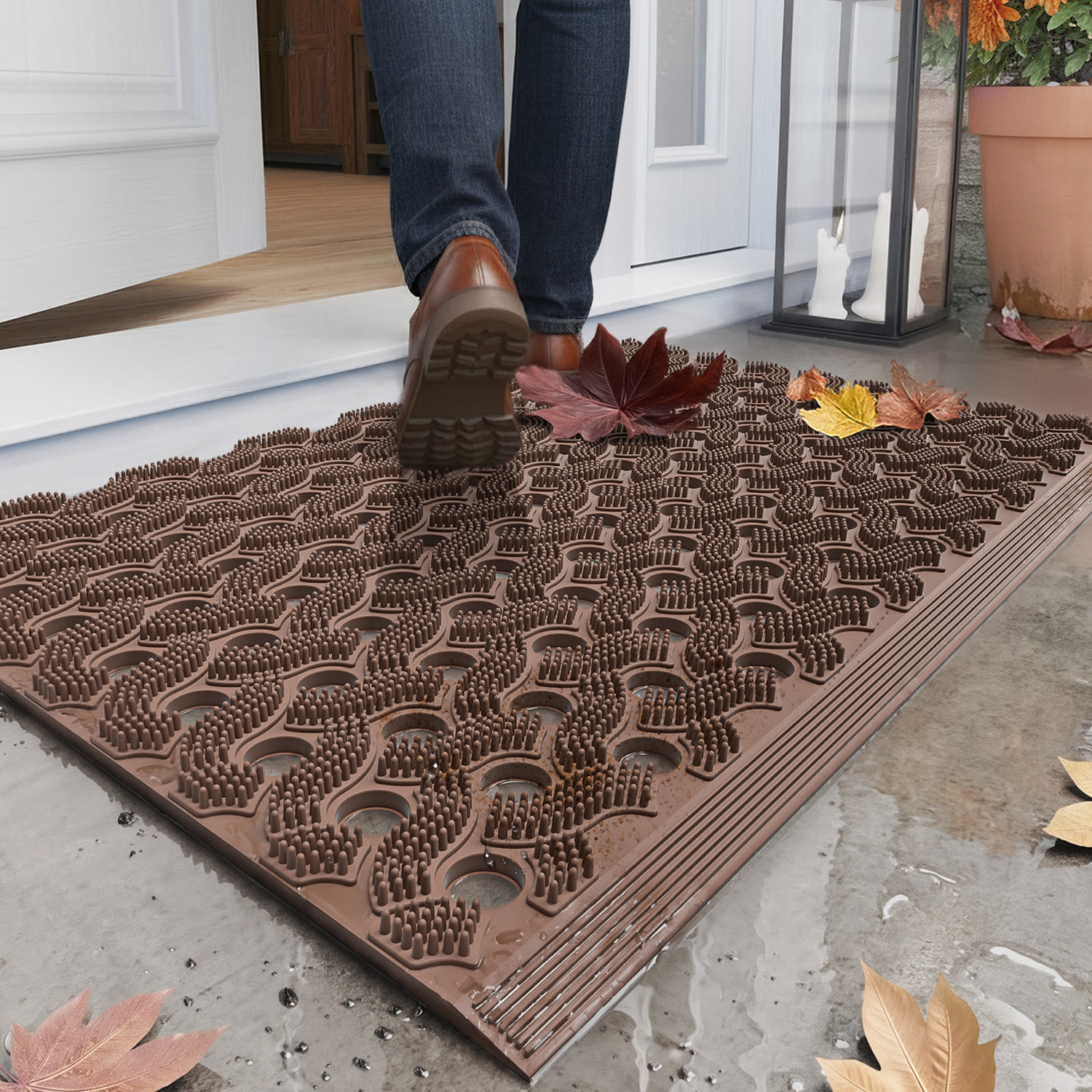 PABUBE Outdoor Doormat ,Durable Interlocking Welcome Mat, Dirt Trapper Rubber Mat and Non-Slip Low Pile Doormat for Entry Rug,Black