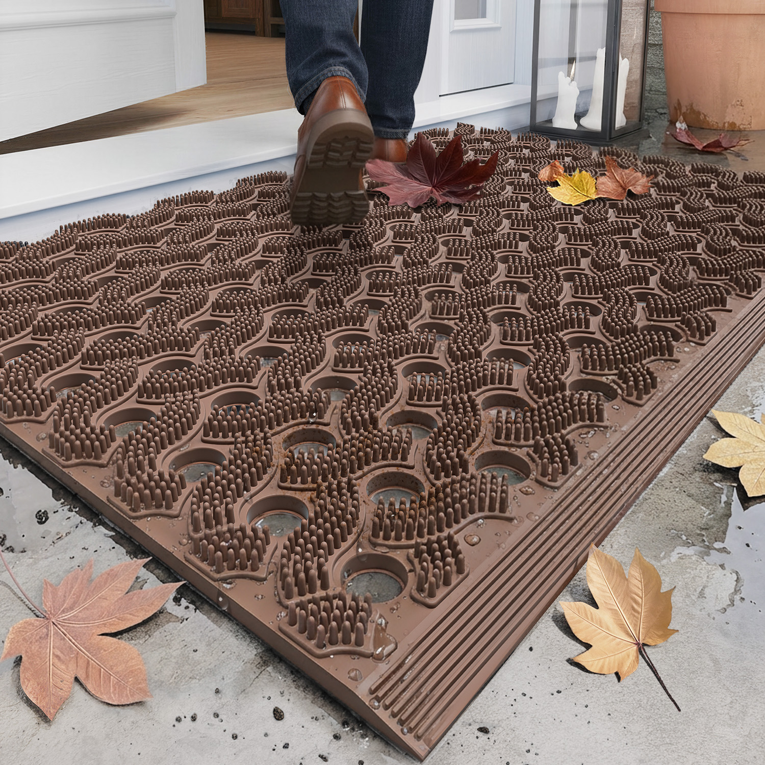 PABUBE Outdoor Doormat ,Durable Interlocking Welcome Mat, Dirt Trapper Rubber Mat and Non-Slip Low Pile Doormat for Entry Rug,Black