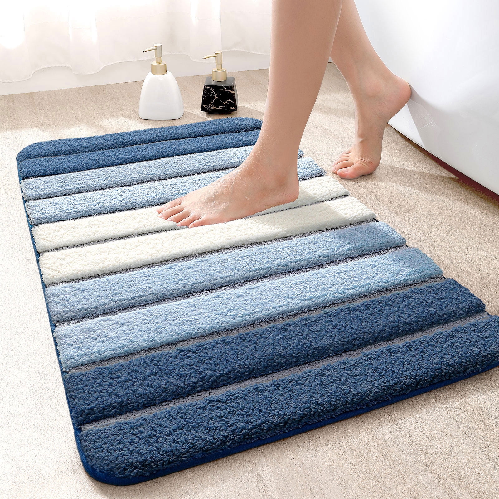 OEAKAY Bath Mat Bathroom Rug Absorbent Non-Slip Washable Shower Floor Mats Small Carpet 16"x24",Turquoise Teal and White