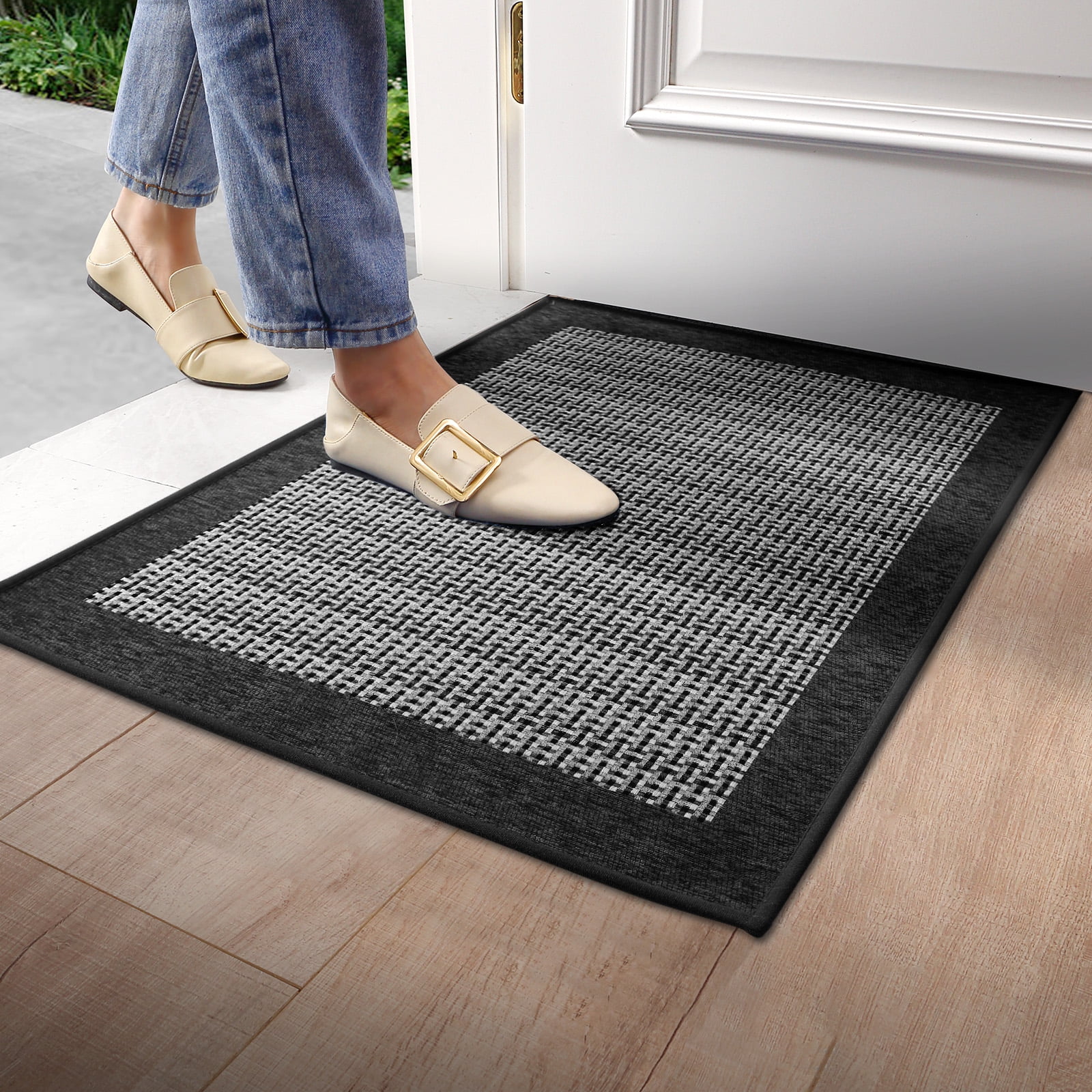 OEAKAY Door Mat Indoor Entrance Mat, Front Insider Outside Doormat, Non-Slip Washable Absorbent Low-Profile Entryway Rugs Entrance Welcome Mat, Gray Door Mat, Cross Knit Door Mat